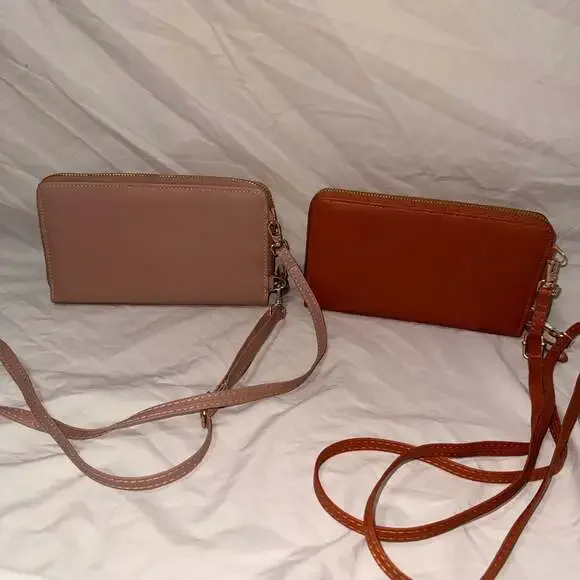 Zip-Around Crossbody Wallet Purses, Mauve & Terracotta Faux Leather - Picture 1 of 10